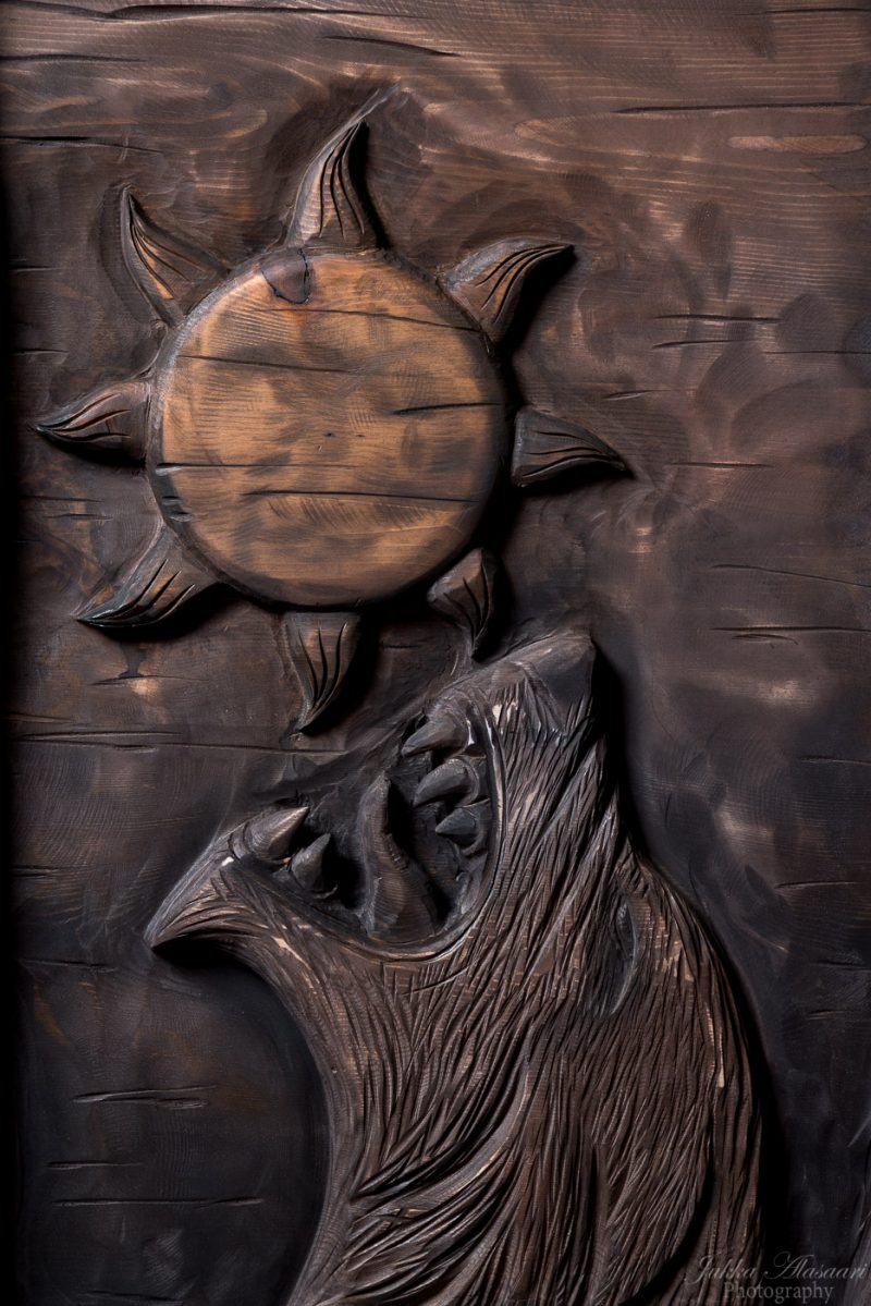 viking furniture details wolf Fenrir devouring the sun puustikki