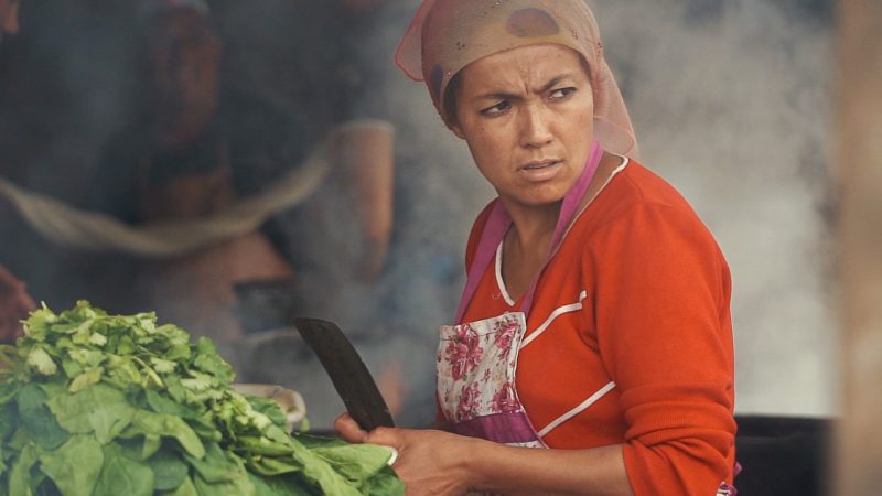 silk road china animal market woman in red
